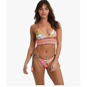 Sunshine 79 Triangle Halter Bikini top Swimsuit SZ 2 leopard floral REVERSIBLE